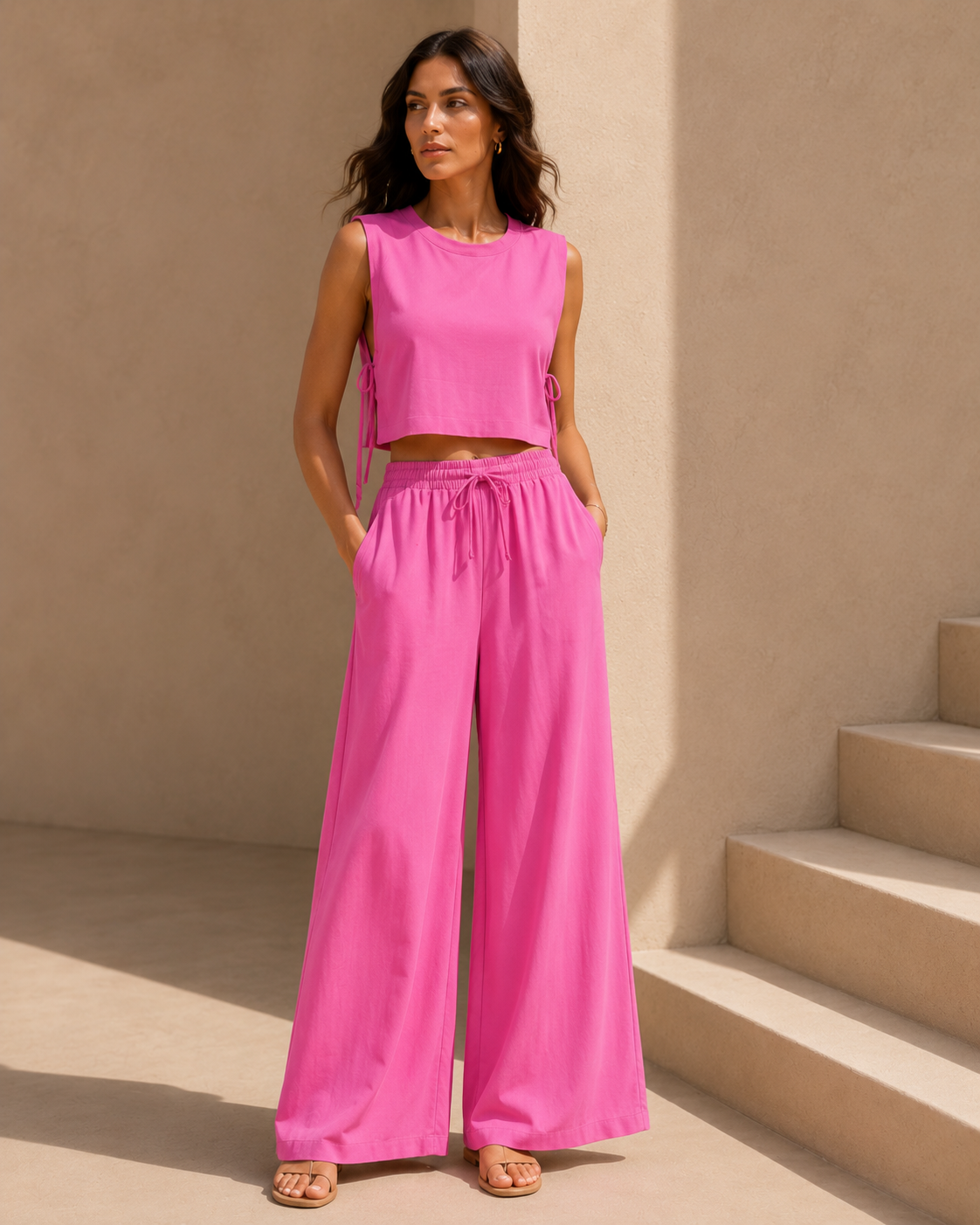 Conjunto de Top con Lazos Laterales y Pantalón Wide Leg