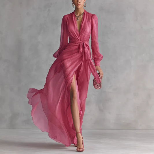 Vestido largo con escote en V y caída fluida con abertura