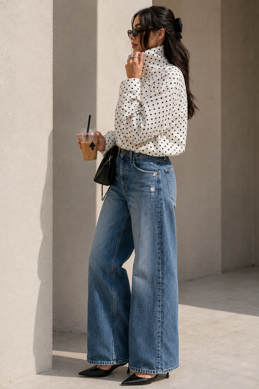 Sobrecamisa con lunares, cuello alto y ajuste inferior