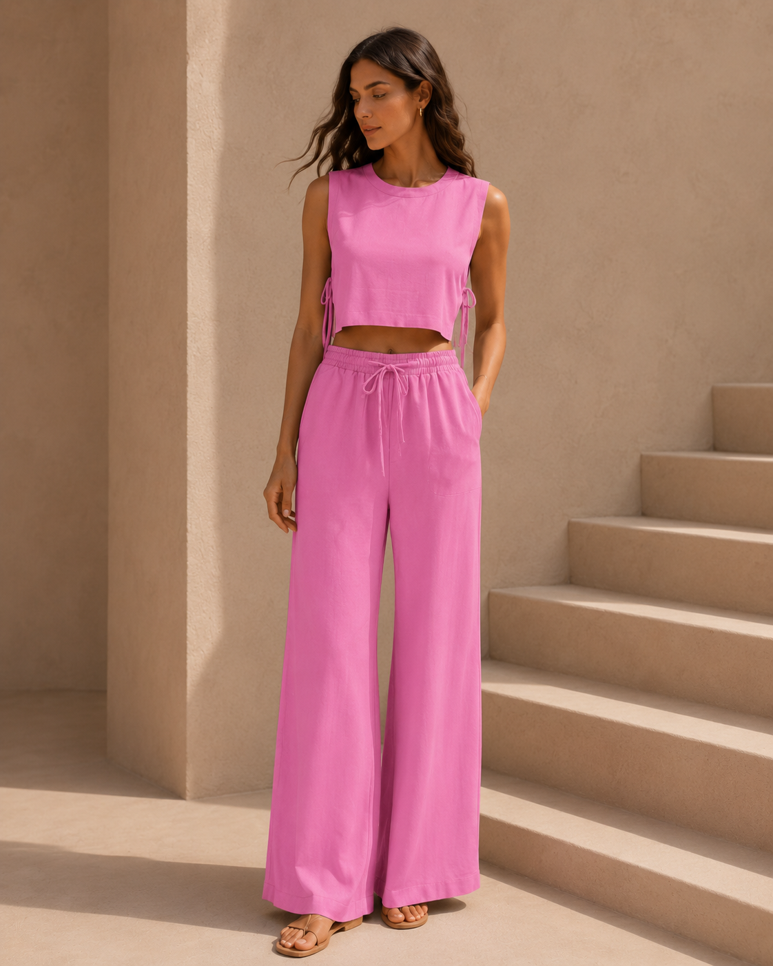 Conjunto de Top con Lazos Laterales y Pantalón Wide Leg
