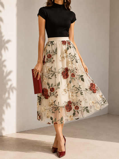 Falda Elegante Bordada con Diseño de Peonías