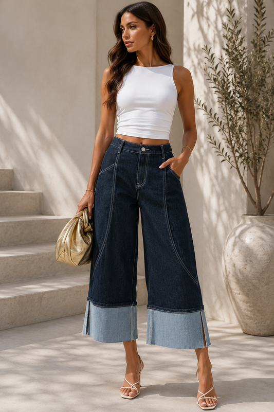 Bermuda denim de corte amplio con dobladillo contrastante
