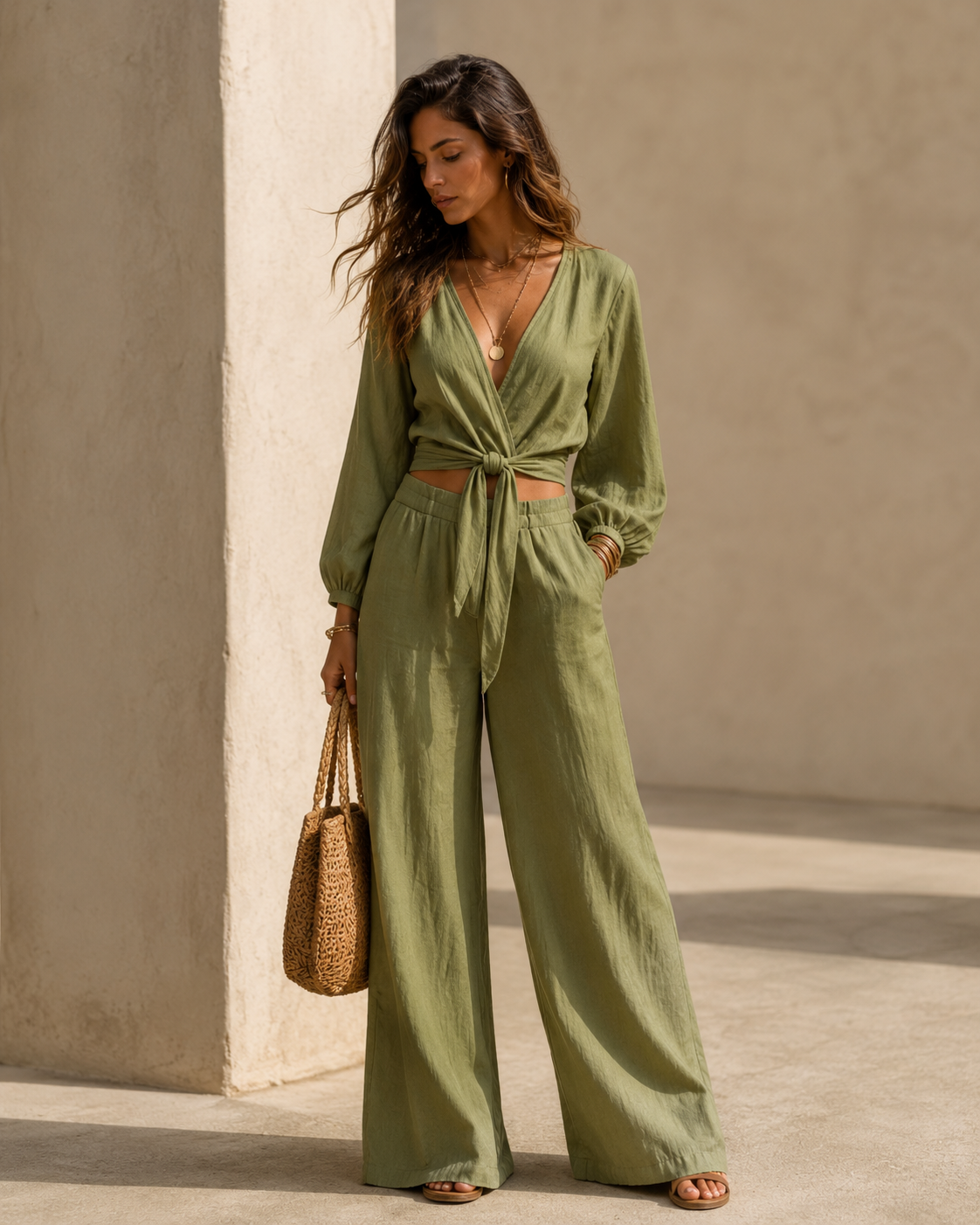 Conjunto Fluido con Blusa Cruzada y Pantalón de Pierna Ancha