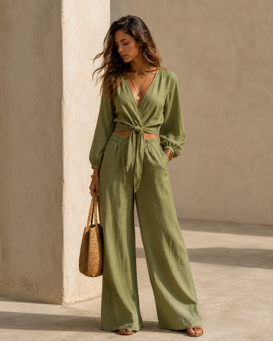Conjunto Fluido con Blusa Cruzada y Pantalón de Pierna Ancha